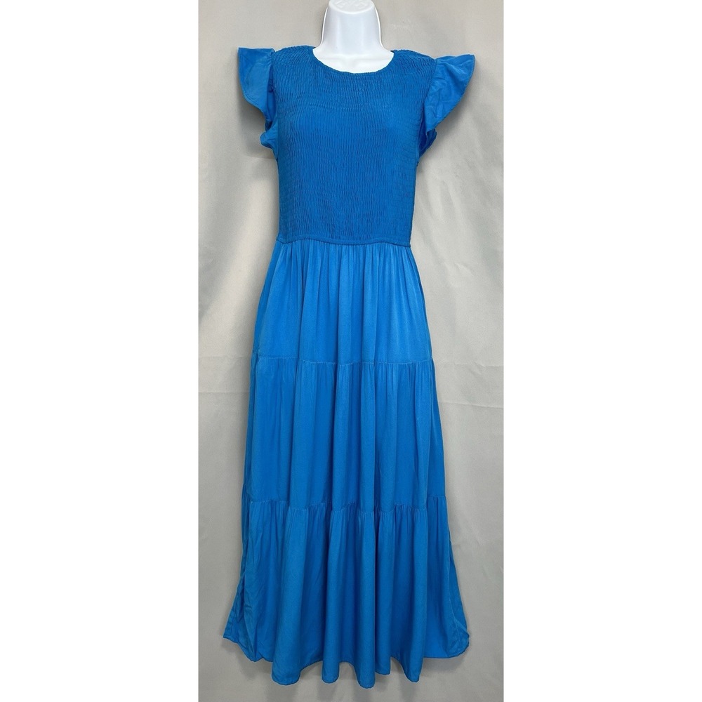Zesica Women's A-Line Tiered Smocked Maxi Dress Sz Small Short Sleeve Royal Blue